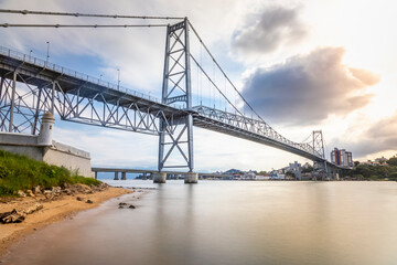 Hercilio luz cable stayed bridge at sunrise in Florianopolis, Southern Brazil