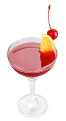 Red cocktail with orange and maraschino cherry garnish
