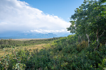 Cloud front approaching over trees and grasslands,  Waterton Lakes National Park, Alberta Canada