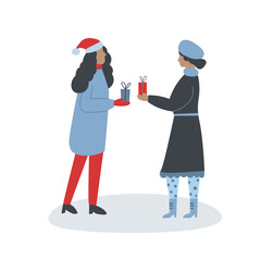 woman giving gift flat vector character. Winter clothes person on white. Christmas presents exchange isolated modern cartoon style illustration for graphic design and animation