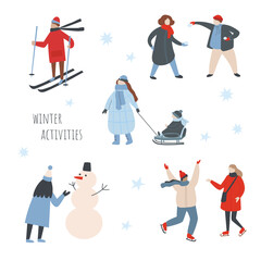 Winter people. Group of cartoon characters dressed in winter clothes with scarves and hats, doing outdoor Christmas activities. People bring gifts and trees, walk dogs,Vector flat isolated set