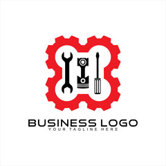 Mechanical vector logo design with abstract gear and work tools.