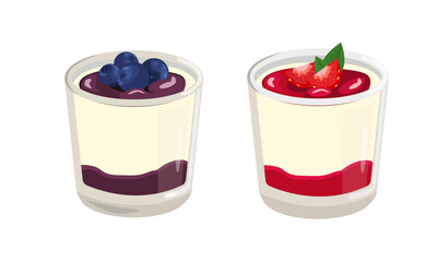 Panna cotta dessert set in a glass with strawberries and blackberries under a layer of jam.Pastry theme. Delicate dessert.Traditional Italian cream and fruit parfait, cartoon style vector illustration