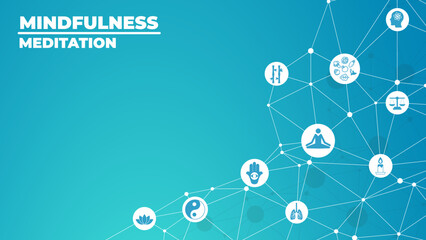 mindfulness and meditation and relaxation concept – connected icons related to mindful living, awareness, stress-relief - vector illustration