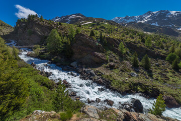 River stream in the mountains, Stelvio national park at clear sky, Italian alps