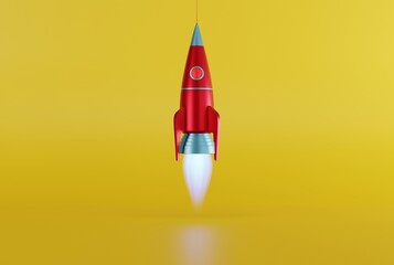 Rocket taking off against a yellow background. Take-off, business concept. Following goals, climbing, getting promoted. 3D render, 3D illustration.