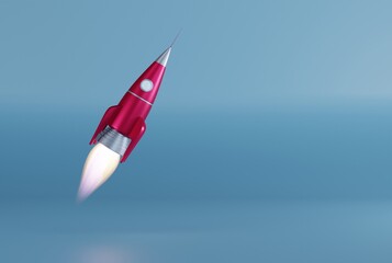 Naklejka na ściany i meble Rocket taking off against a blue background. Take-off, business concept. Following goals, climbing, getting promoted. 3D render, 3D illustration.