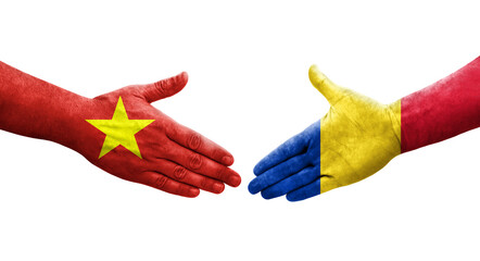 Handshake between Romania and Vietnam flags painted on hands, isolated transparent image.