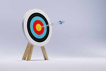 Target with embedded arrows. Archery target on a light background. The concept of fulfilling the goal, striving to implement plans. 3D render, 3D illustration.