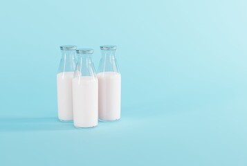 Retro bottles with milk on a blue background. The concept of drinking milk, healthy eating. 3D render, 3D illustration.