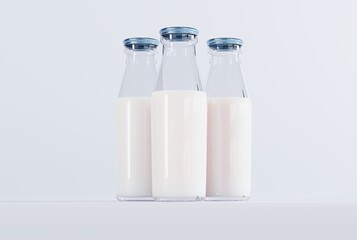 Retro bottles with milk on a light background. The concept of drinking milk, healthy eating. 3D render, 3D illustration.