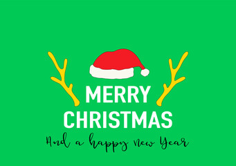 Weihnachtskarte mit Weihnachtsmütze, Rentiergeweih und Neujahres-Wünsche, 
Vektor Illustration mit grünem Hintergrund
