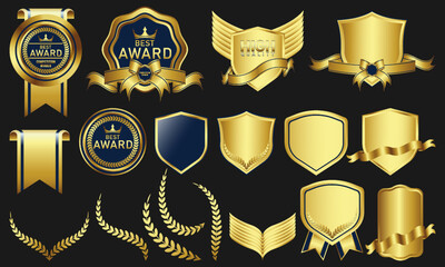 collection of vector design elements for gold badges, seals, medals, shields, coats, badges, banners, scrolls, ribbons and ornaments