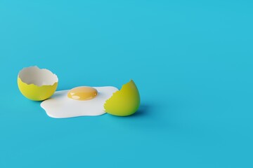 Broken egg on a blue background. Concept of cooking eggs, making an omelette, breaking the shell. 3d render, 3d - obrazy, fototapety, plakaty
