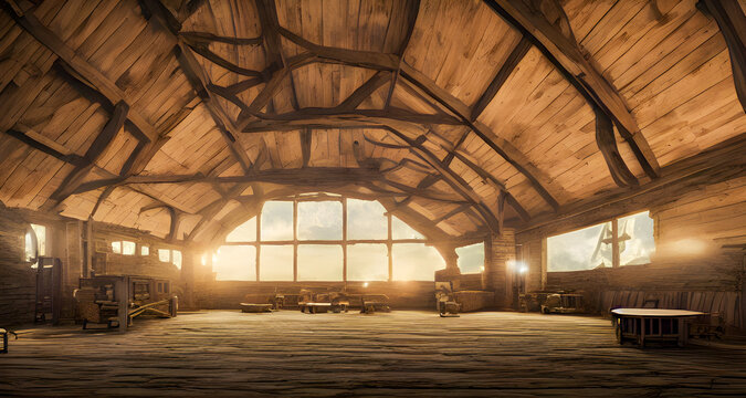 interior of big old barn in the countryside. wood beams, windows. background illustration. Digital matte painting.