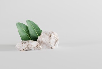 Granite stones on a light background, leaf shadow and light plants. Concept of abstract background, background for products and product image. 3D render, 3D illustration.