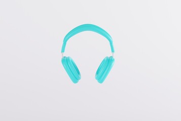 Headphones on a light background. Concept of listening to music in headphones, subject of pastel headphones. Music technology. 3D render, 3D illustration.