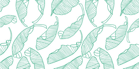 Fototapeta na wymiar Jungle leaves hand drawn line art palm tropical leaf seamless pattern