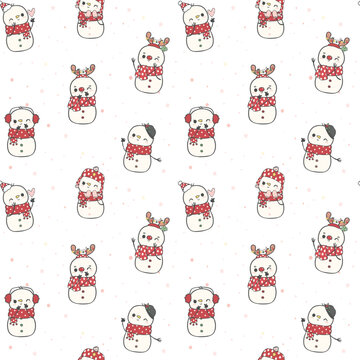 cute cartoon Christmas mini heart snowman pattern seamless isolated on white background