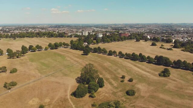 Dry ground and drought in park in city of Bristol, UK during summer