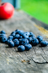 Blueberries on a wooden board in the garden.