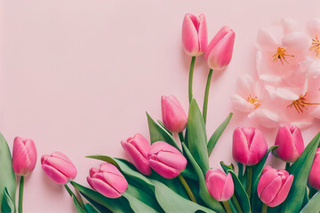 Bouquet of pink tulips flowers pink background Valentine's Day,Birthday, Happy Women's Mother's Day.