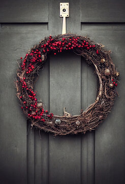 Christmas wreath on old wooden door, new year celebration concept, happy new year, welcome entry