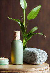 Fototapeta na wymiar Relax composition massage stone, white pump lotion bottle,green plant on pine wood table, spa, clean