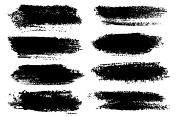 Brush stroke texture set. Hand drawn black ink, chalk, paint smears group isolated on white. Grunge freehand shapes