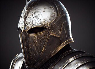 fierce medieval armored knight, engraved skeletal teeth on armored mask, ornate golden detailed shiny Corinthian style armor, intense brooding look on face,, ai generated art
