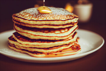 Close-up food photography of buttered pancakes with syrup