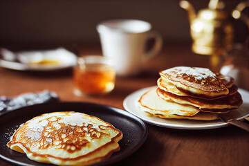 Close-up food photography of buttered pancakes with syrup