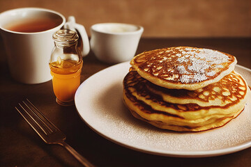 Close-up food photography of buttered pancakes with syrup