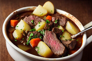 Close-up food photography of hearty Beef Stew with potato in crock pot and a side of toast
