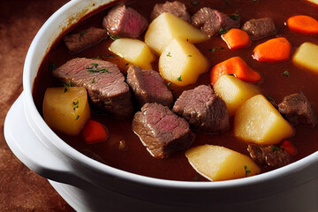 Close-up food photography of hearty Beef Stew with potato in crock pot and a side of toast
