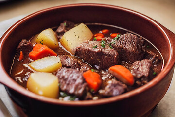 Close-up food photography of hearty Beef Stew with potato in crock pot and a side of toast