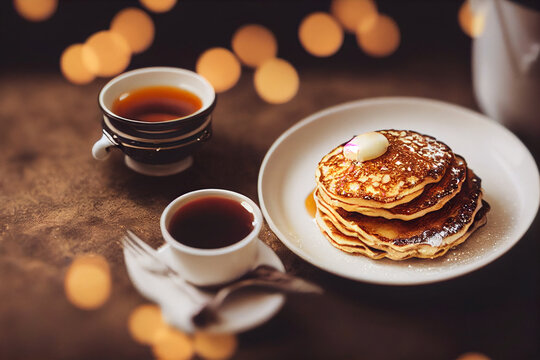 Close-up food photography of buttered pancakes with syrup
