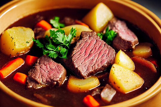 Close-up food photography of hearty Beef Stew with potato in crock pot and a side of toast