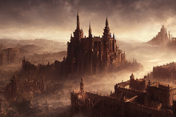 Naklejka premium elegant palace made of stone, built above a futuristic city, high fantasy, magic, ai generated art
