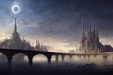 elegant palace made of stone, built above a futuristic city, high fantasy, magic, ai generated art