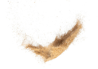 Sand flying explosion, Golden sand wave explode. Abstract sands cloud fly. Yellow colored sand splash throwing in Air. White background Isolated high speed shutter, throwing freeze stop motion, png - obrazy, fototapety, plakaty