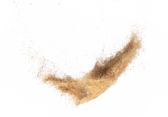 Sand flying explosion, Golden sand wave explode. Abstract sands cloud fly. Yellow colored sand splash throwing in Air. White background Isolated high speed shutter, throwing freeze stop motion, png