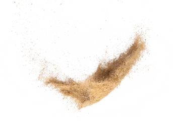 Fotobehang Sand flying explosion, Golden sand wave explode. Abstract sands cloud fly. Yellow colored sand splash throwing in Air. White background Isolated high speed shutter, throwing freeze stop motion, png © Jade