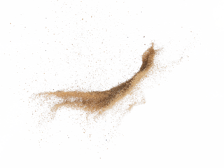 Sand flying explosion, Golden sand wave explode. Abstract sands cloud fly. Yellow colored sand splash throwing in Air. White background Isolated high speed shutter, throwing freeze stop motion, png