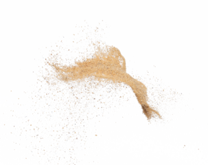 Sand flying explosion, Golden sand wave explode. Abstract sands cloud fly. Yellow colored sand splash throwing in Air. White background Isolated high speed shutter, throwing freeze stop motion, png