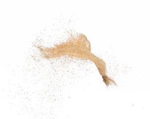 Fotobehang Sand flying explosion, Golden sand wave explode. Abstract sands cloud fly. Yellow colored sand splash throwing in Air. White background Isolated high speed shutter, throwing freeze stop motion, png © Jade