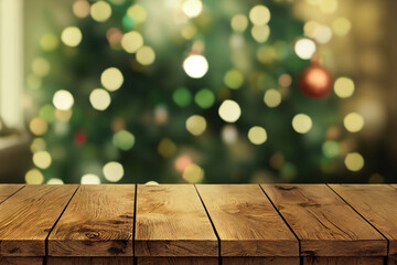 Empty wooden table.Against the background of blurred Christmas cozy window bokeh.Blurred background