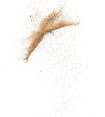 Plakat Sand flying explosion, Golden sand wave explode. Abstract sands cloud fly. Yellow colored sand splash throwing in Air. White background Isolated high speed shutter, throwing freeze stop motion, png
