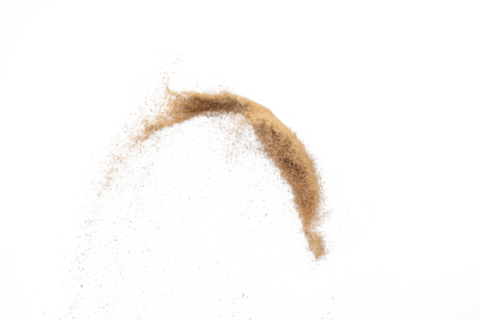Sand flying explosion, Golden sand wave explode. Abstract sands cloud fly. Yellow colored sand splash throwing in Air. White background Isolated high speed shutter, throwing freeze stop motion, png