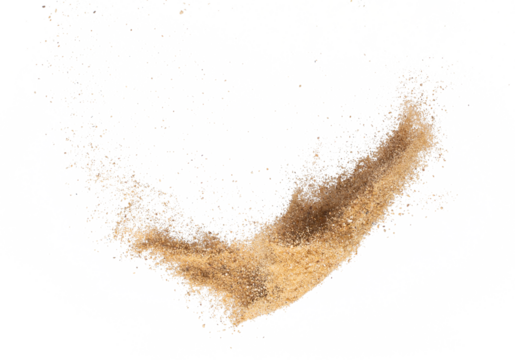 Sand flying explosion, Golden sand wave explode. Abstract sands cloud fly. Yellow colored sand splash throwing in Air. White background Isolated high speed shutter, throwing freeze stop motion, png